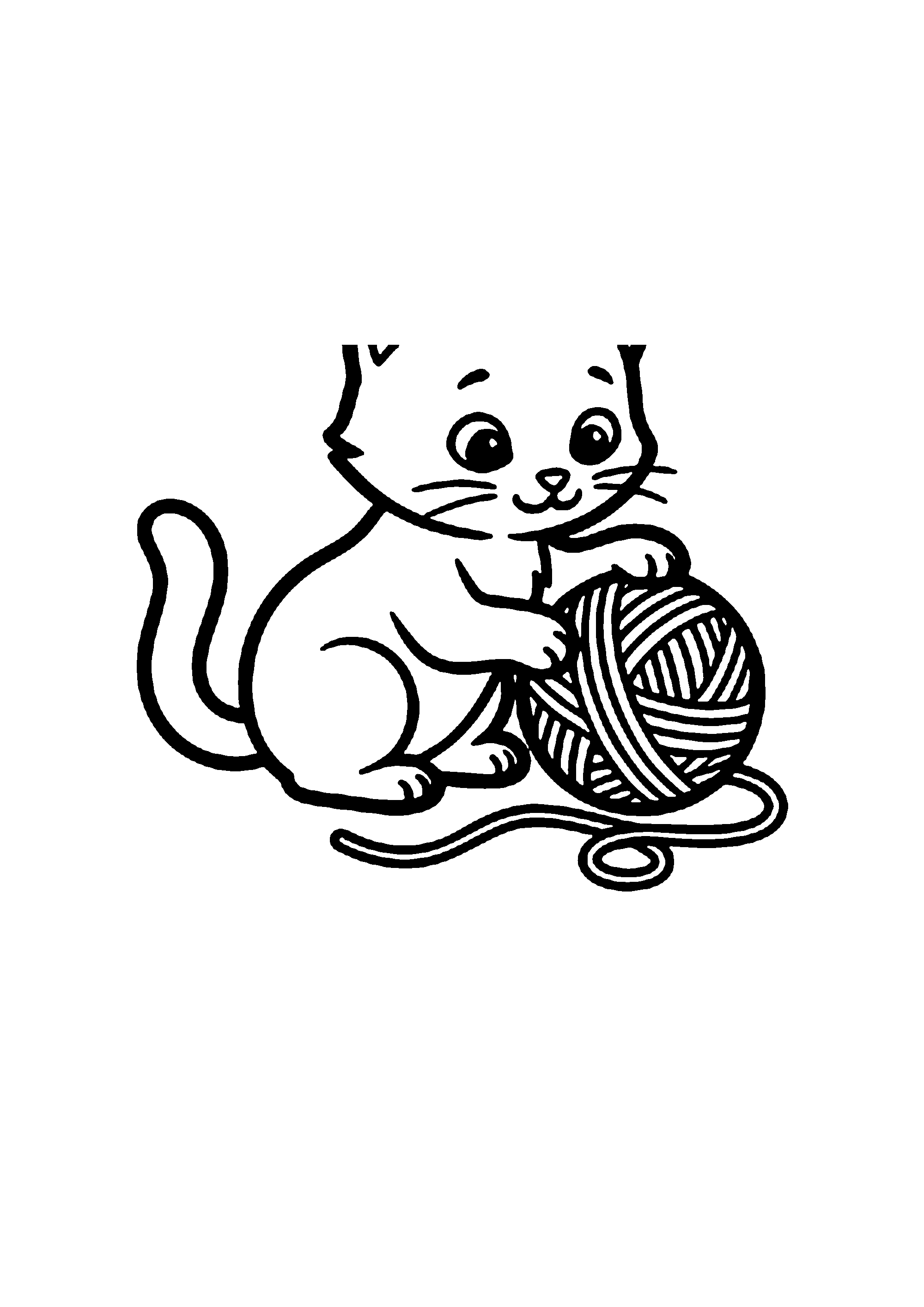 Coloriage aux contours nets : Chaton Mignon Jouant avec une Pelote de Laine