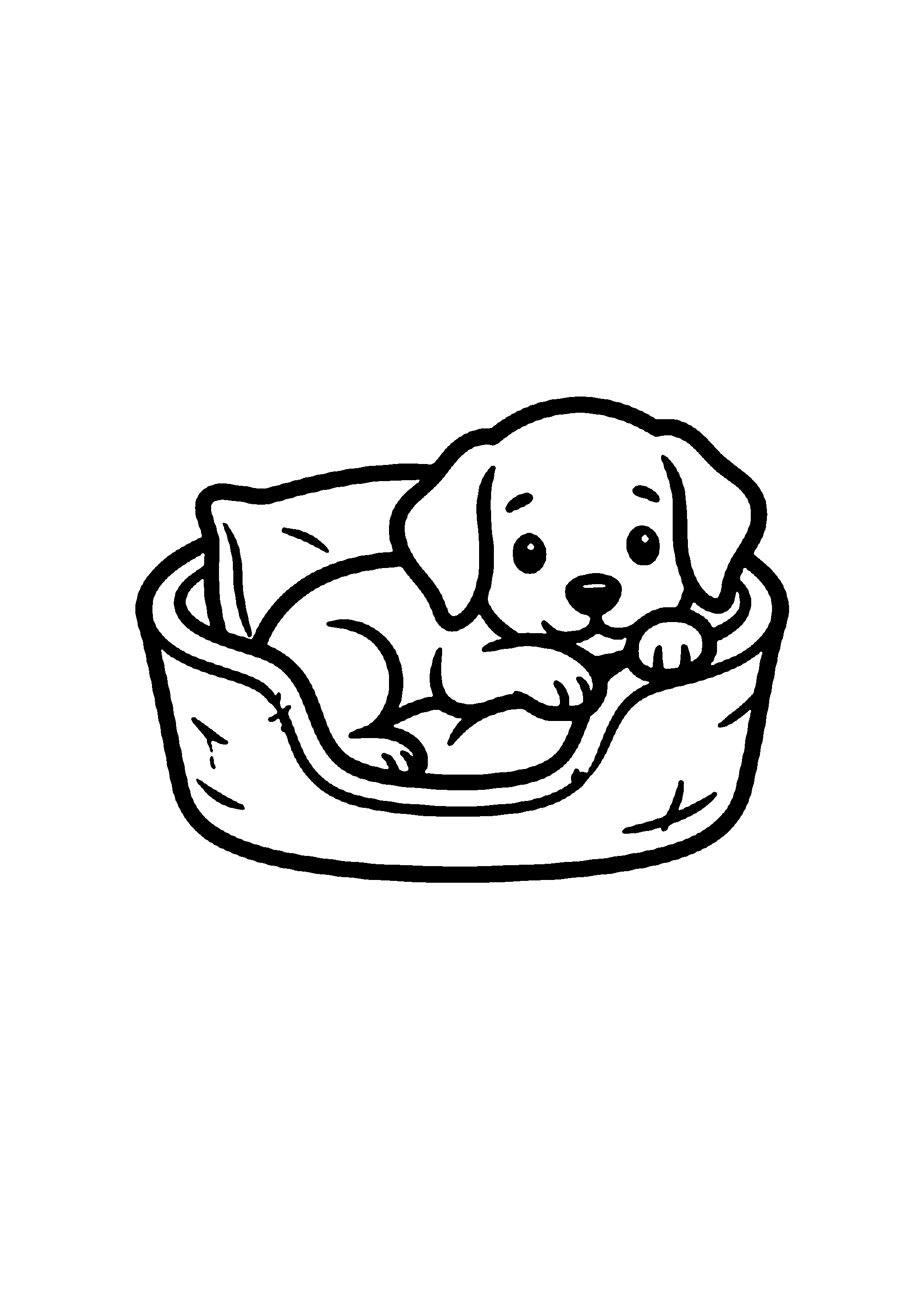 Coloriage aux contours nets : Chiot Endormi dans son Panier Douillet