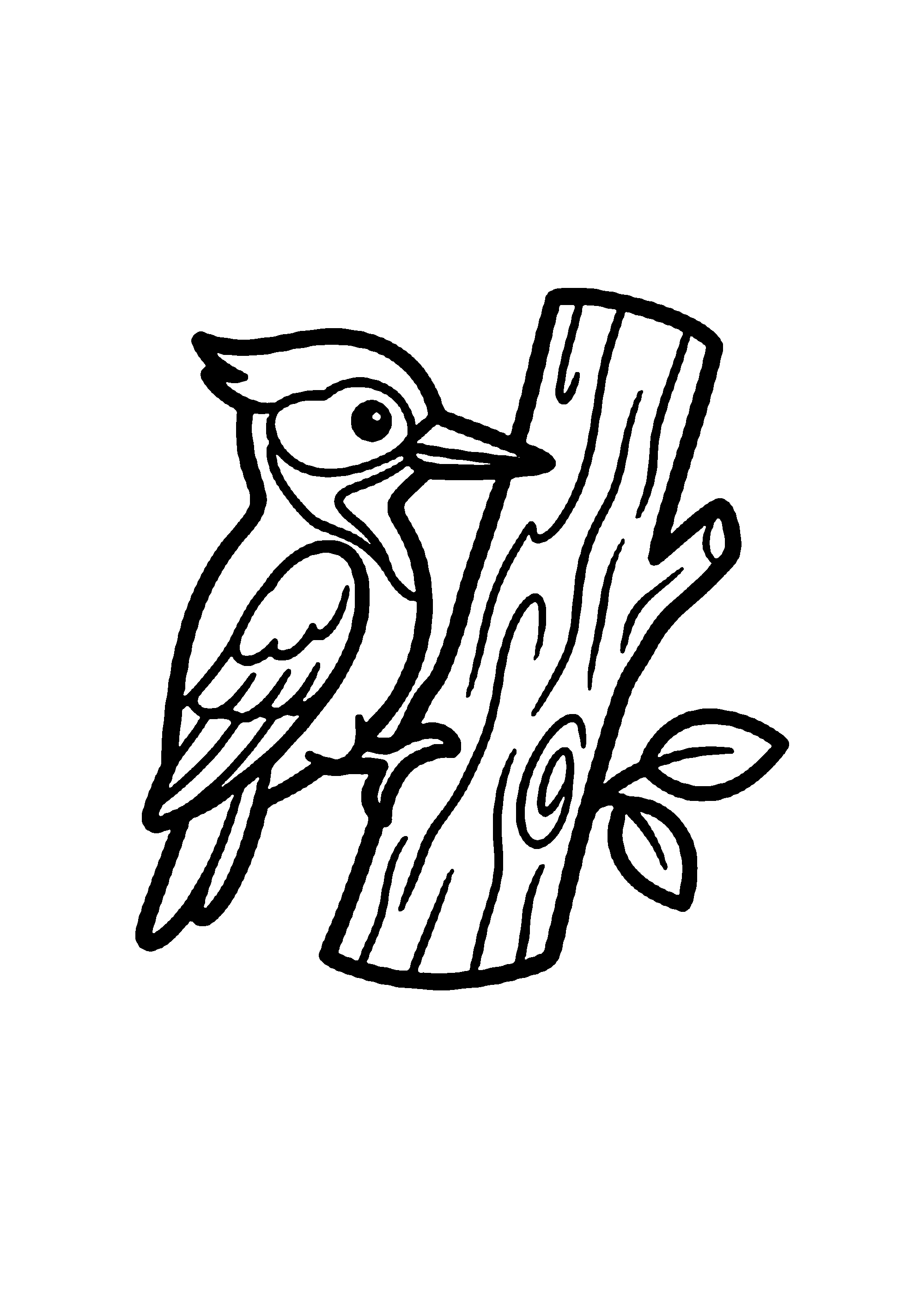 Coloriage aux contours nets : Pic-Vert Tambourinant sur le Tronc d'Arbre