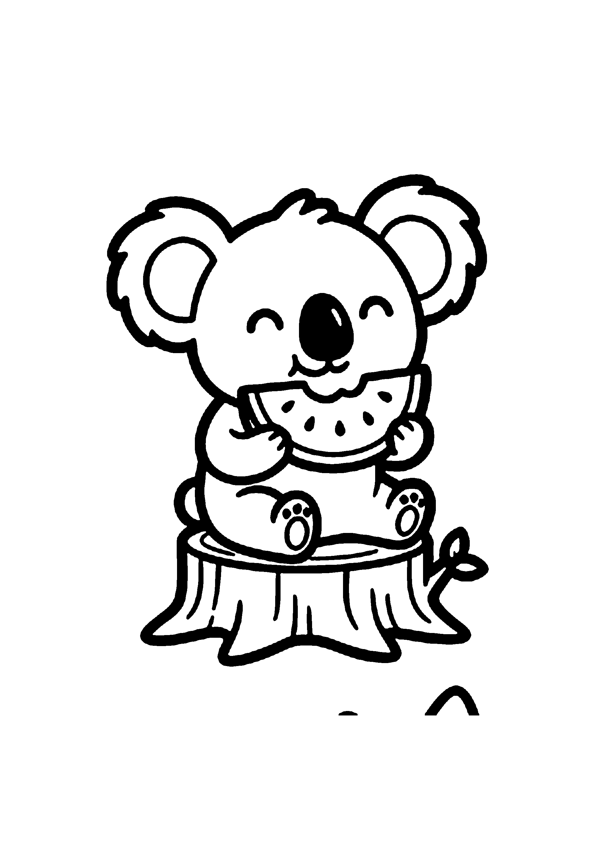 Coloriage aux contours nets : Bébé Koala Mignon Croquant une Tranche de Pastèque