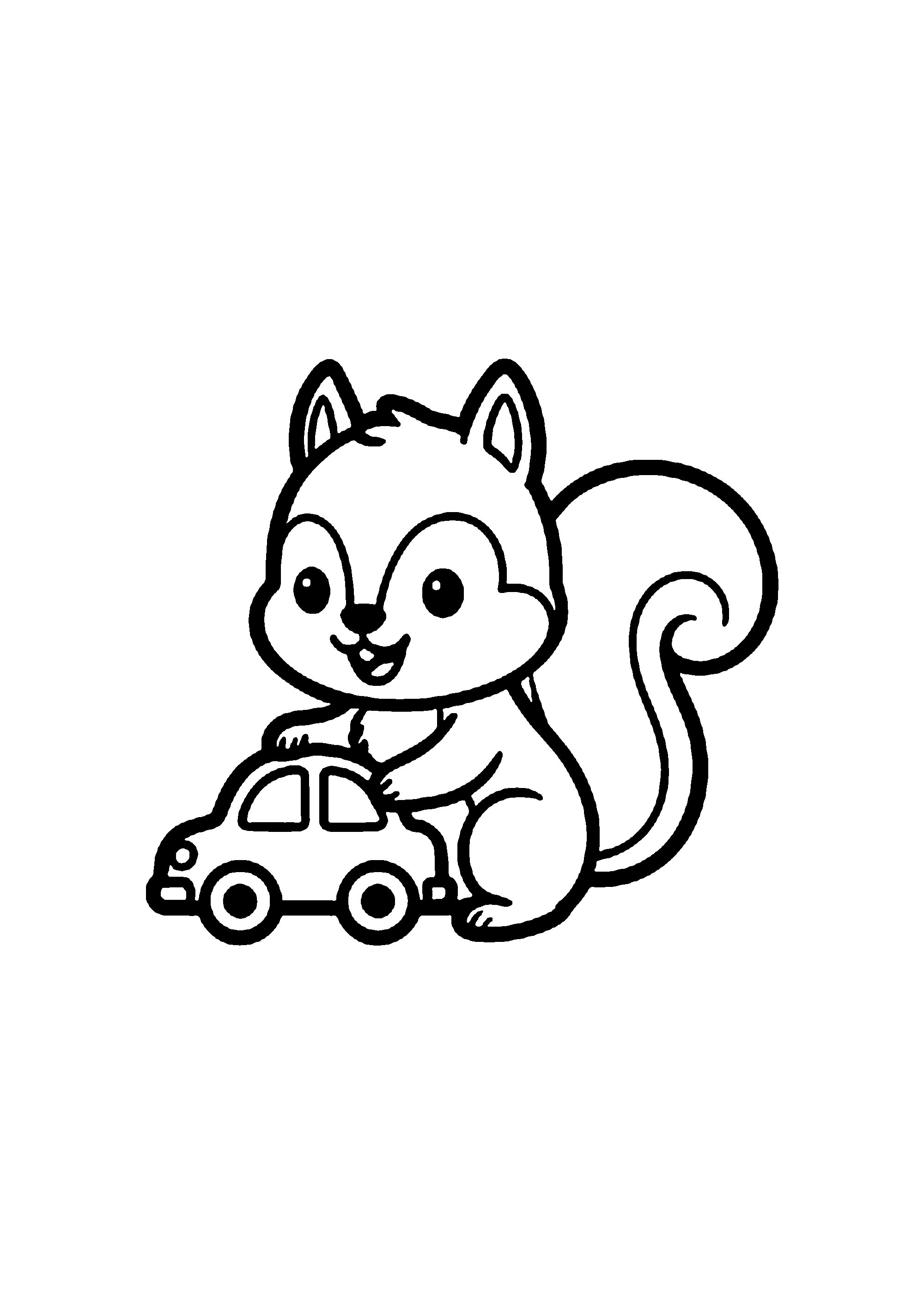 Coloriage aux contours nets : Écureuil Joyeux Jouant avec une Petite Voiture