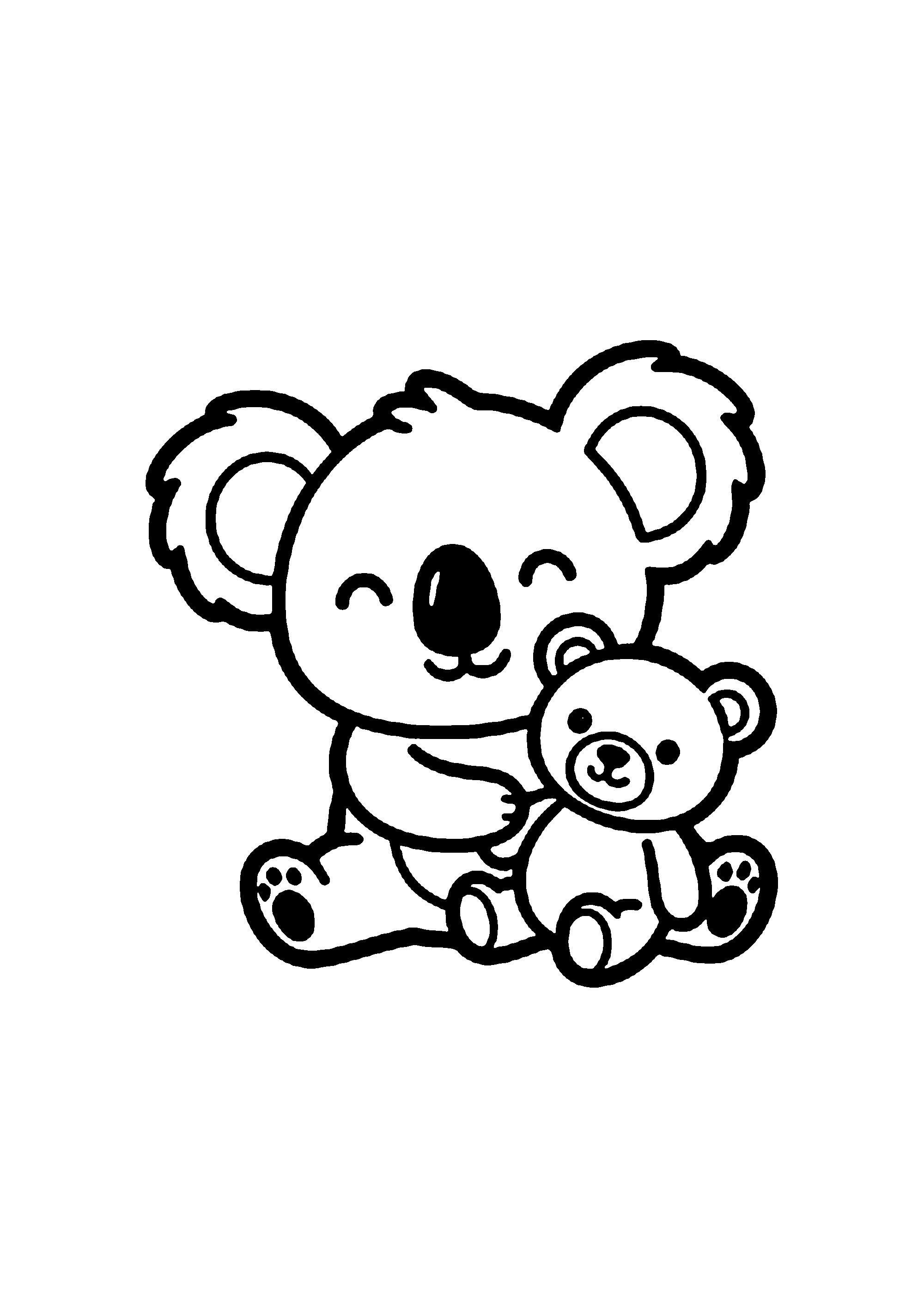 Coloriage aux contours nets : Koala Assis Câlinant son Petit Ours en Peluche
