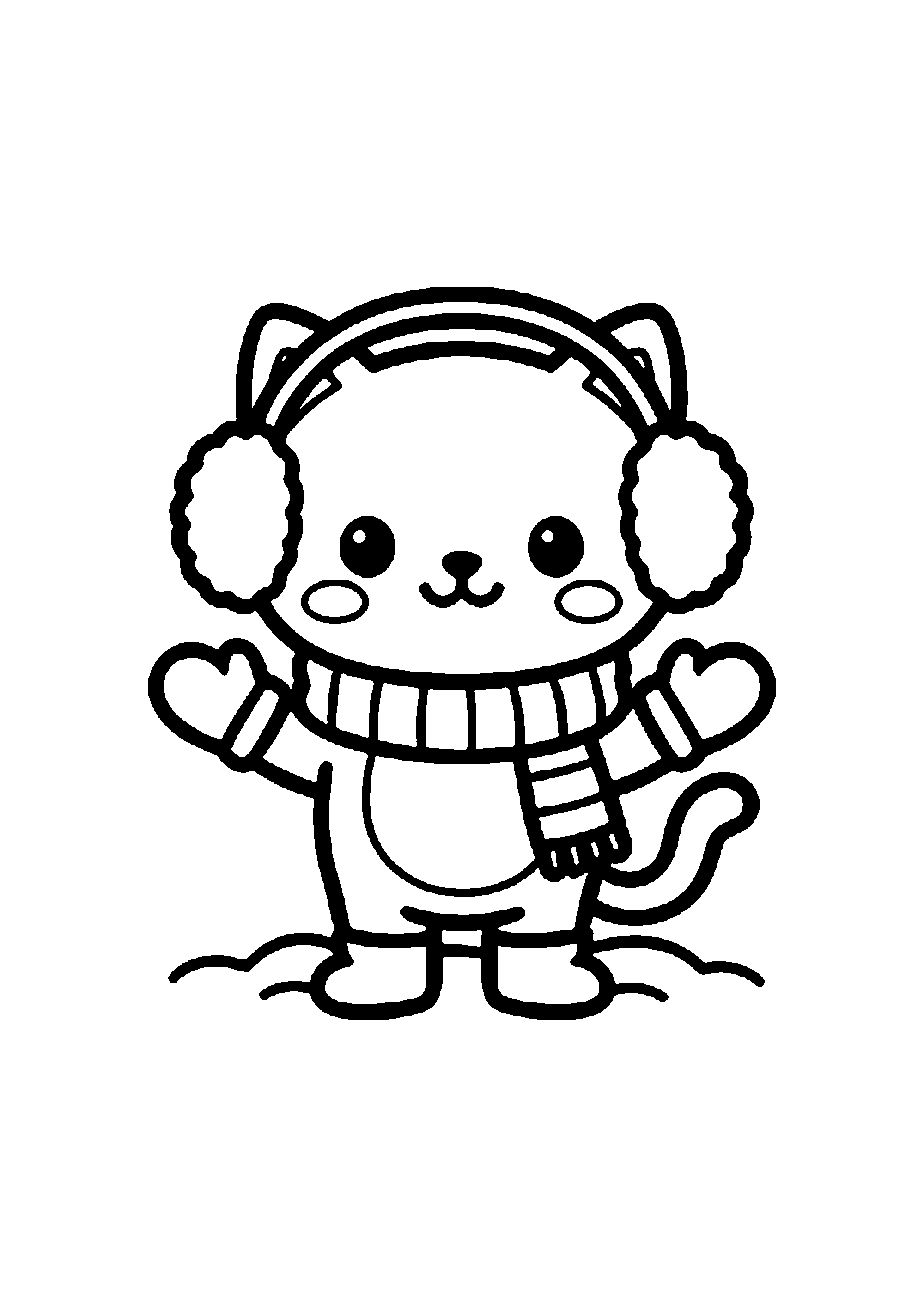 Coloriage aux contours nets : Hello Kitty sous la Neige avec Cache-Oreilles et Écharpe
