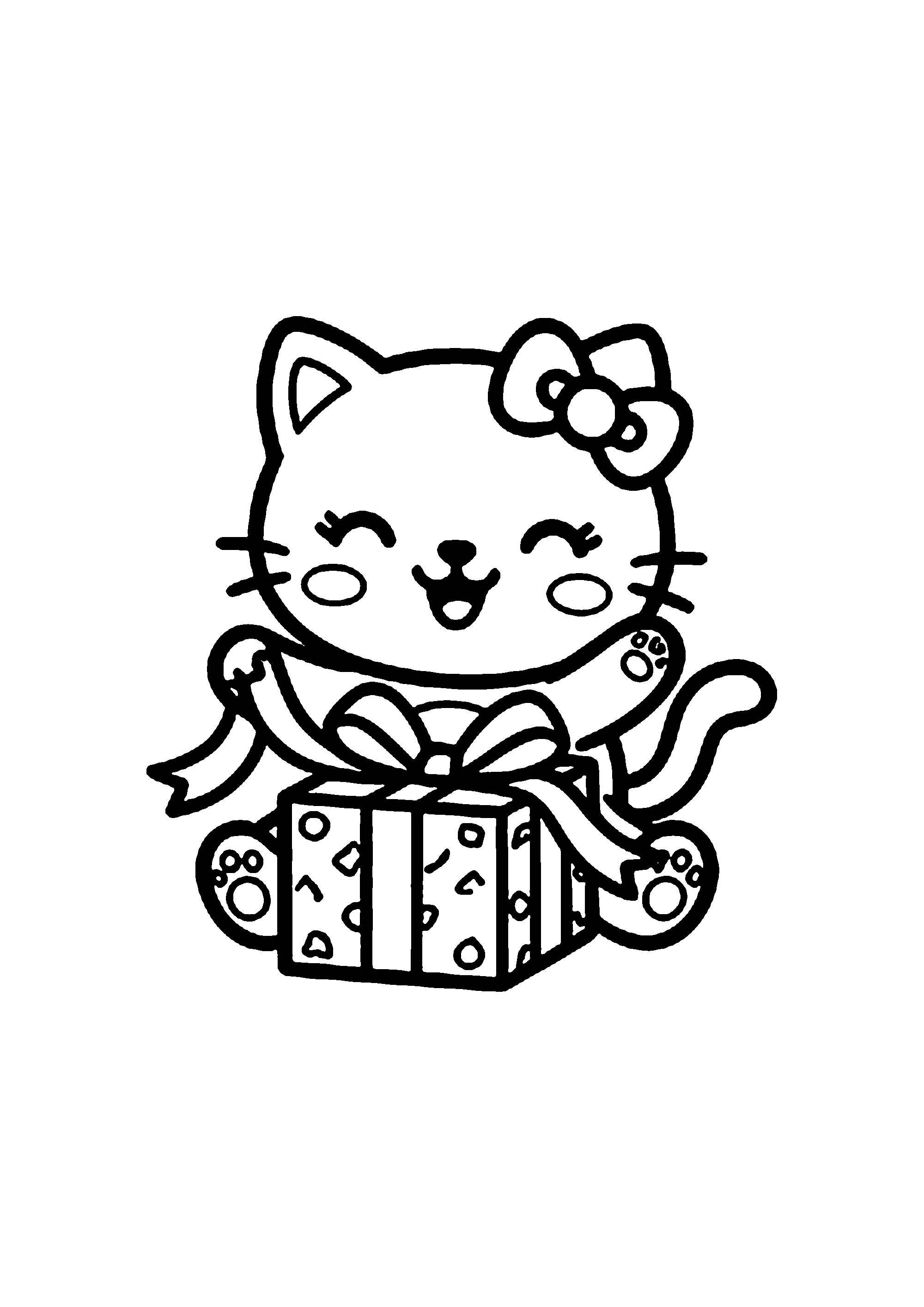 Coloriage aux contours nets : Hello Kitty Déballant son Cadeau Surprise