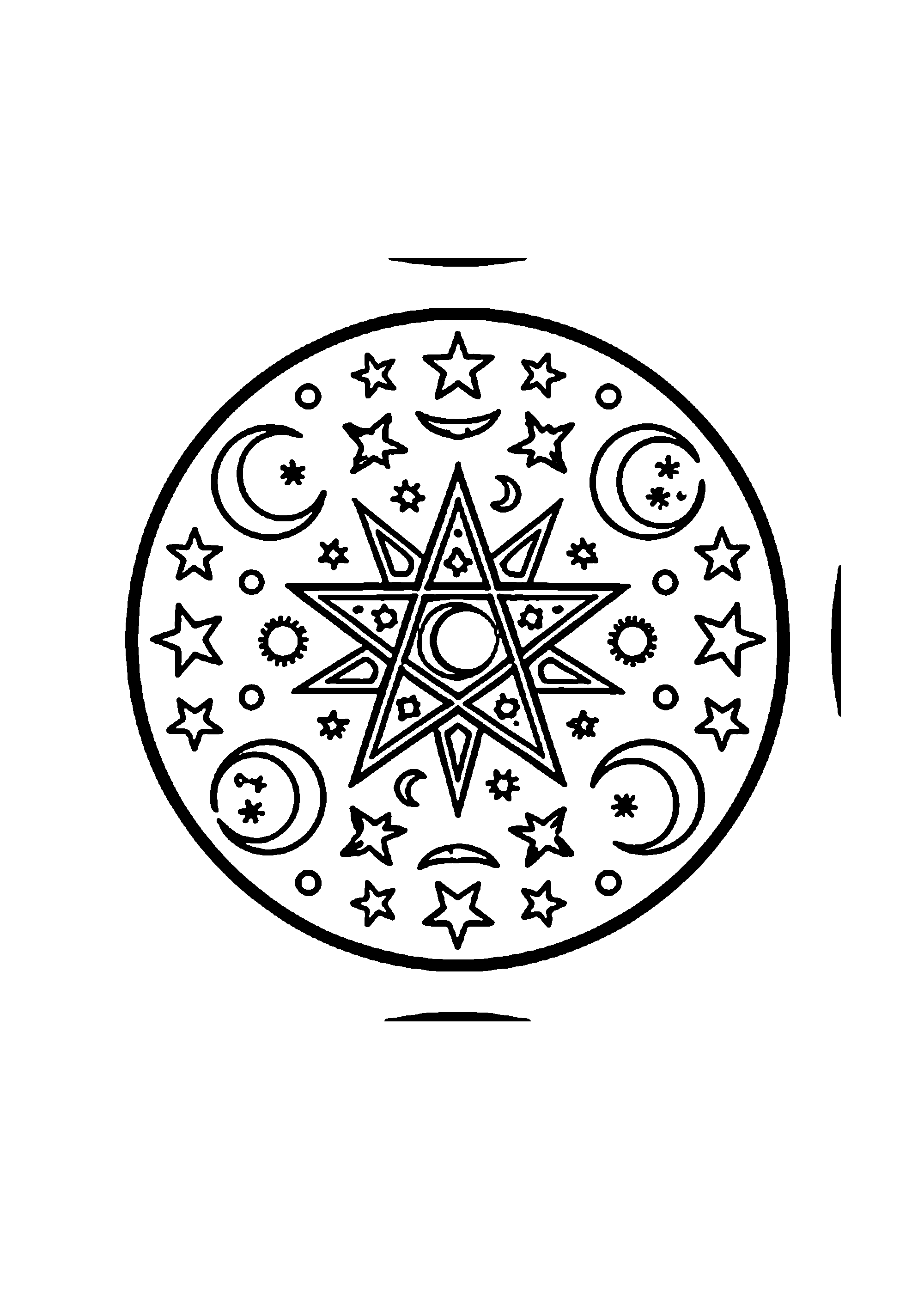 Coloriage aux contours nets : Mandala Mystique des Phases Lunaires et Étoiles