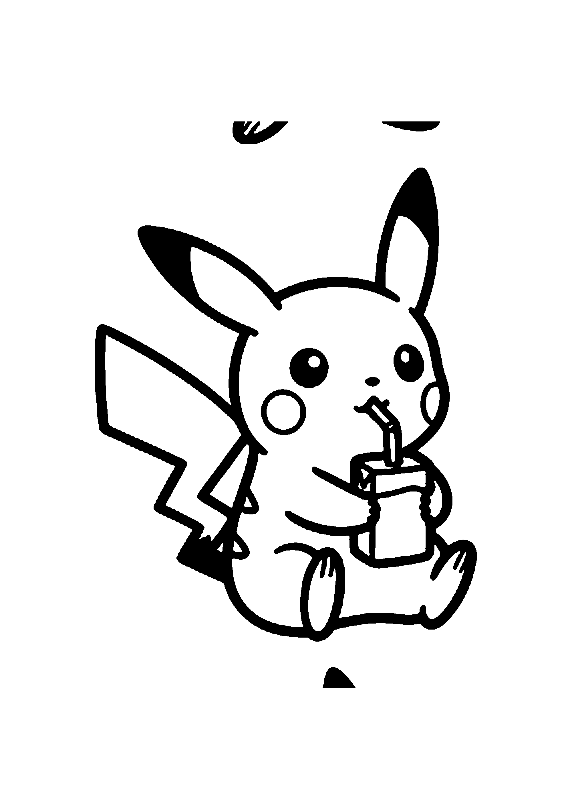 Coloriage aux contours nets : Pikachu Buvant un Verre de Jus de Pomme à la Paille