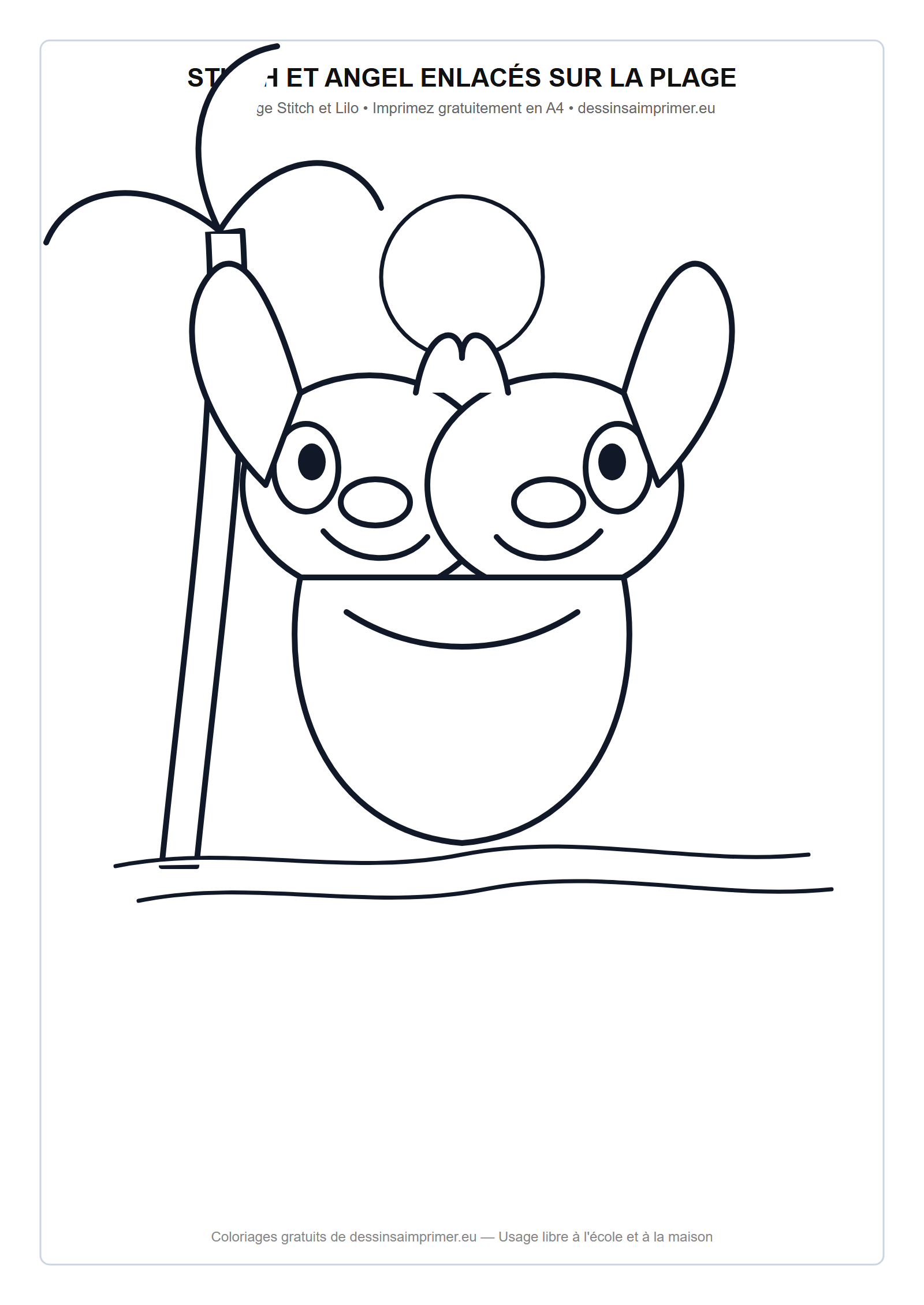 Coloriage aux contours nets : Stitch et Angel Enlacés sur la Plage