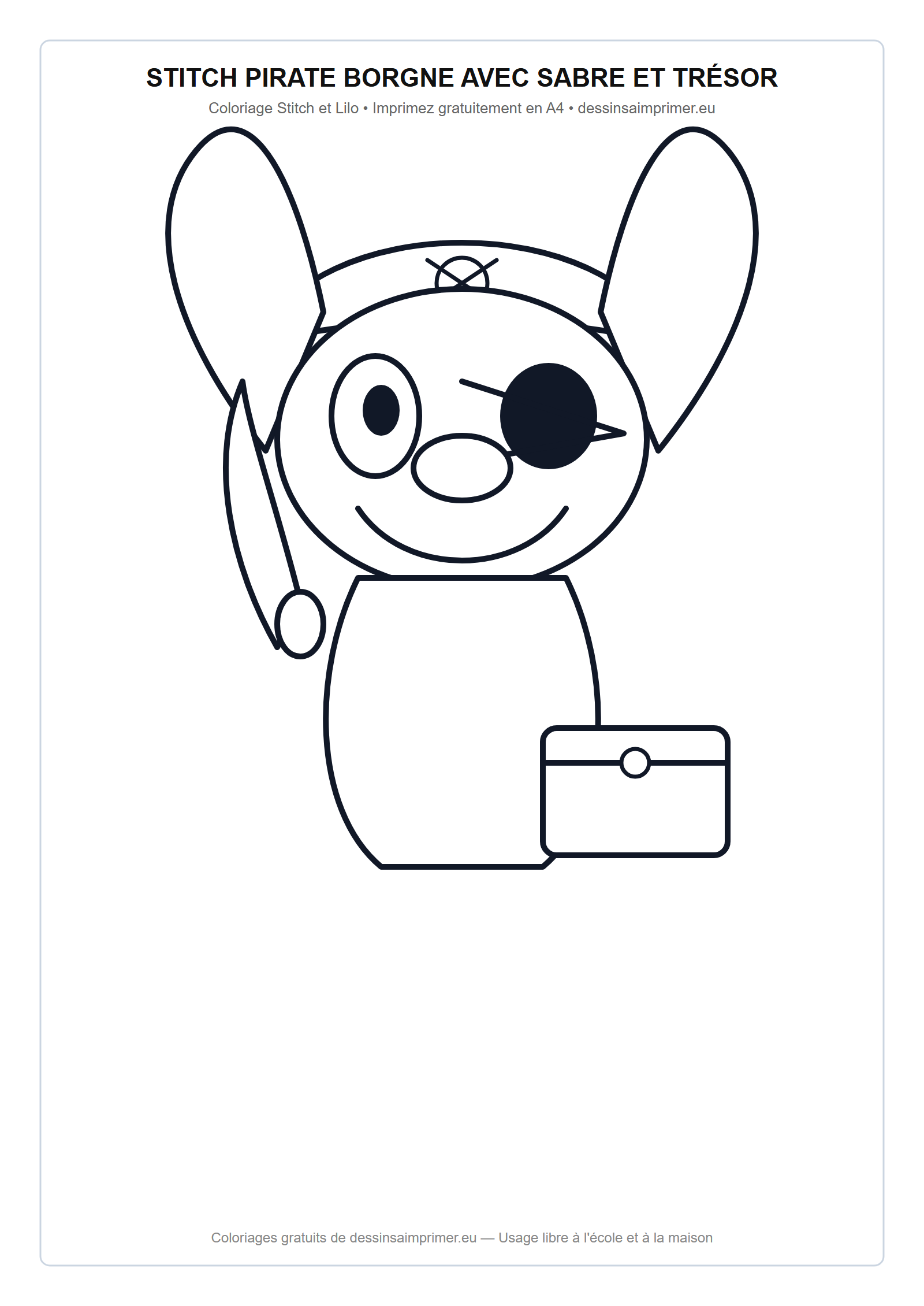 Coloriage aux contours nets : Stitch Pirate Borgne avec Sabre et Trésor