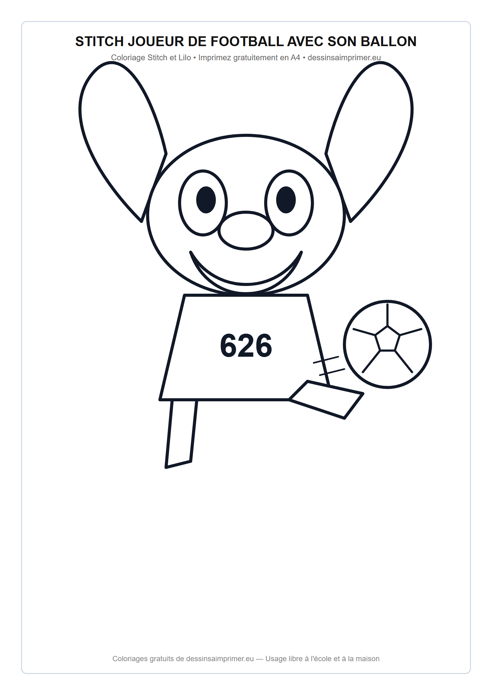Coloriage aux contours nets : Stitch Joueur de Football avec son Ballon